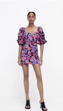 Zara Puff Sleeve Floral Dress XS Deep Back Belted Lined Stretch NWT