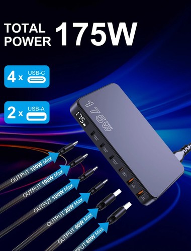 175W GaN USB C Charger LED Display 6-Port Desktop Charger Type C 45W Fast Charge - 第 14/28 張圖片