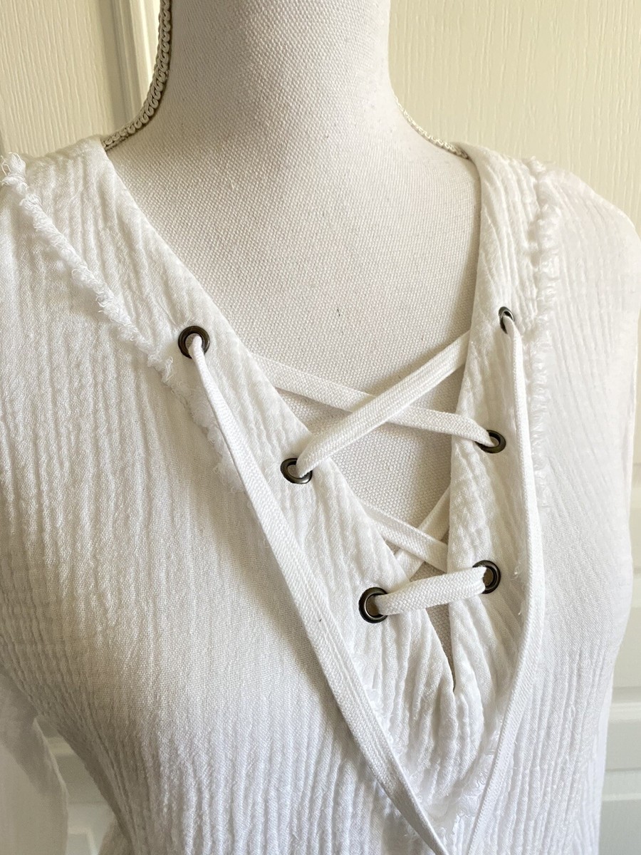 Cloth & Stone White Gauze Lace Up Top Bell Sleeve 100% Cotton