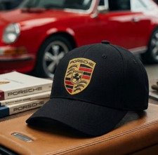 Porsche Crest Logo Black Baseball Cap Adjustable Unisex Sport Hat Genuine Nwt