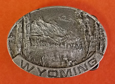Vintage Cast Metal Wyoming Belt Buckle Made In USA Mountains Lake Trees