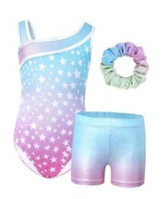 Girls Gymnastics Leotards, Glitter Ballet 5-6 Years Gradient Blue Stars Set