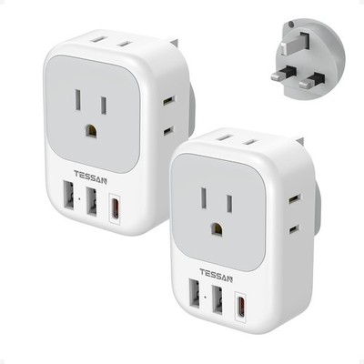 TESSAN UK Travel Adapter Type G 2 Pack 4 Outlet USB C PD