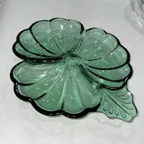 Jeanette Green Doric Clover Leaf Glass Dish, Vintage, 3-Section, Candy/Nuts, 7”