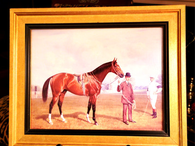 FRAMED EQUESTRIAN GICLEE  PRINT OF HORSE, HANDLER AND JOCKEY, 16.5'' X 13.75''