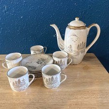 Vintage Japanese Porcelain Tea Set Mt Fuji Landscape Grey Gold