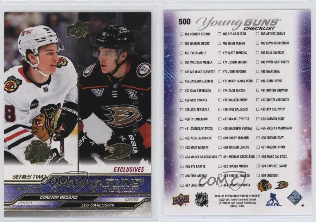 2023 Upper Deck Checklist Exclusives /100 Connor Bedard Leo Carlsson #500 Rookie view 3