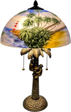 Tropical Coconut Tree Hand-Painted Glass Table Lamp with Monkey Design