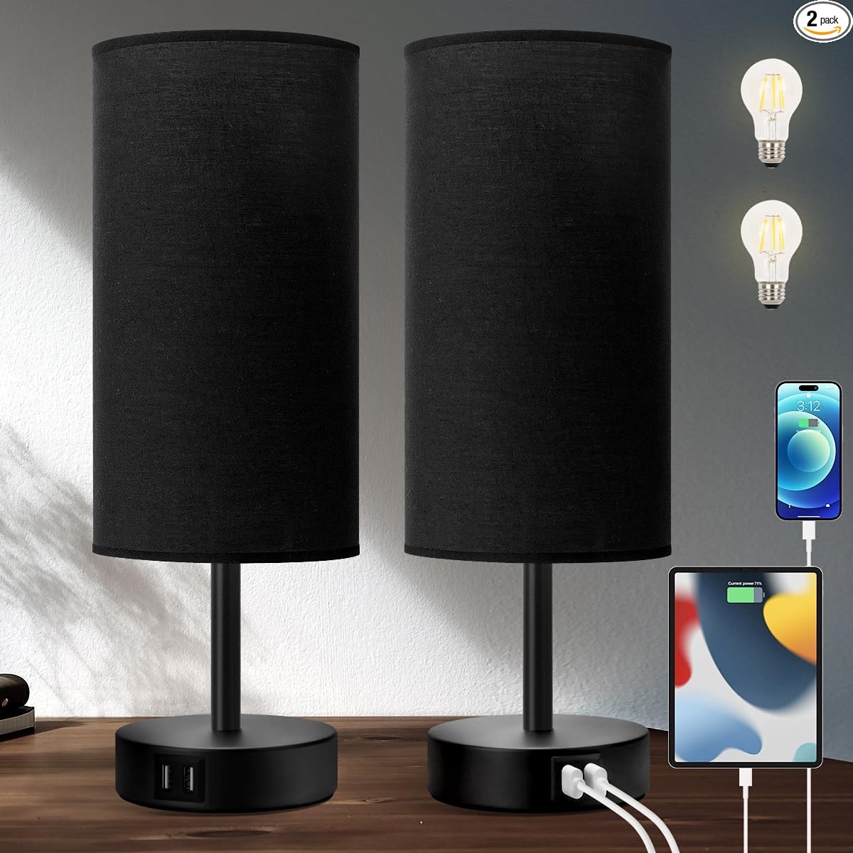 Bedside Lamps with USB Port - Touch Control Table Lamp for Bedroom 3 Way Black