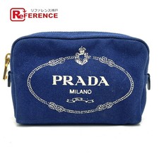 Prada 1Na021 Logo Print Kanapa Makeup Pouch Small Storage Canvas Women Blue Used
