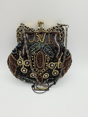 BIJOUX TERNER Vintage Gold Frame Beaded Evening Purse Kisslock Black