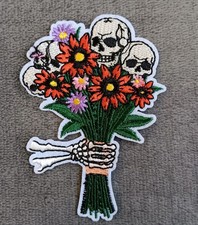 Moody Skeleton Head Flower Bouquet Iron On Patch, Embroidered Goth Punk Applique