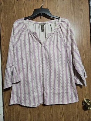 Bit & Bridle Top Sz Med Tan Purple Babydoll Country Farmhouse Boho Flare Sleeve