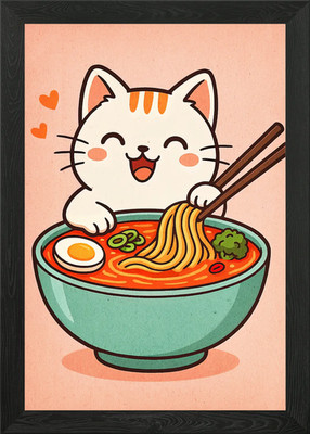 Cute Cat Eating Ramen Illustration Framed Wall Art Poster Canvas Print Picture