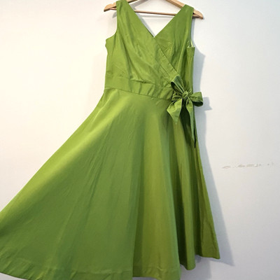 J Peterman Dress Sz12 Lime Cotton Silk Faux Wrap Retro 50s Timeless Chic Luxury