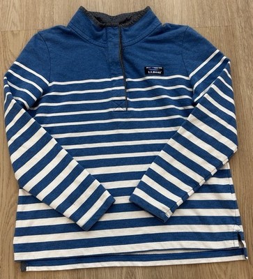 LL Bean Fleece Henley Striped Pullover Mock Neck Blue White Logo Women s Medium