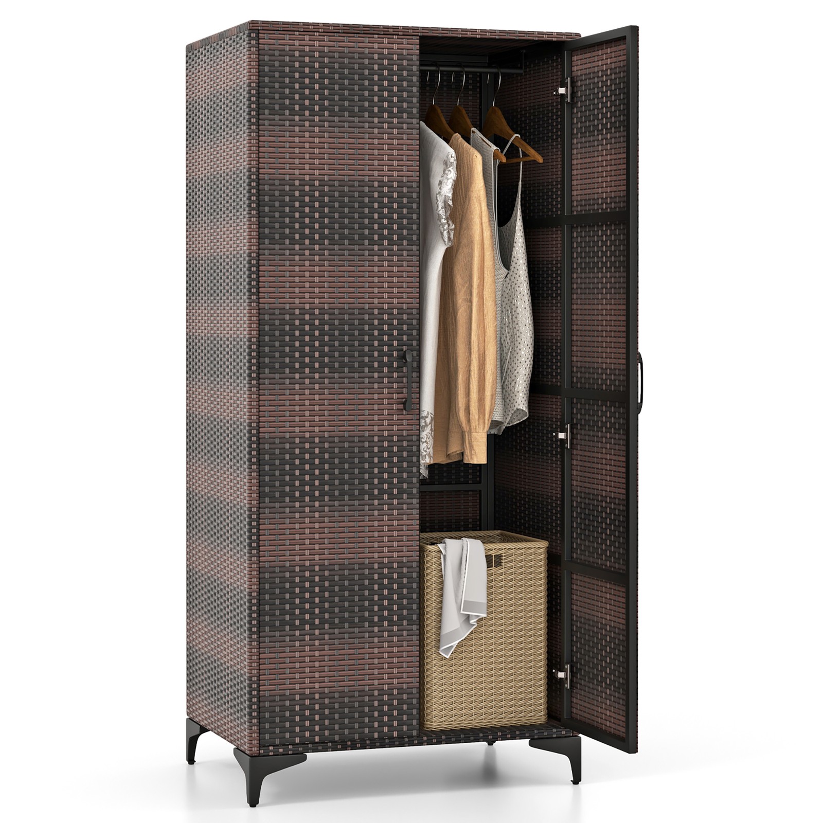 62'' Wicker Wardrobe w/ 2 Doors Hanging Rod & 4 Storage Cubes for Home Patio