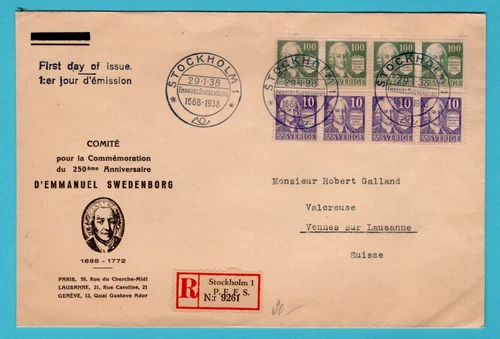 SWEDEN R FDC Emanuel Swedenborg 1938 Stockholm to Switzerland