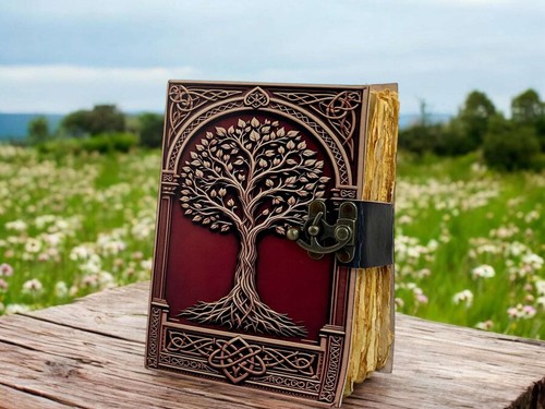 Large grimoire leather journal print tree of Life journal blank spell notebook