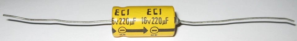 Condensador electrolítico axial ECI 220 uF - 16 V CC - 10 mm de diámetro - cables completos Foto 4 de 4