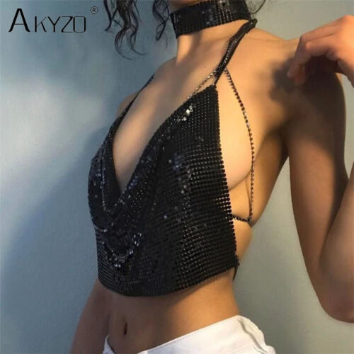 Metal Sequined Halter Women Sexy V Neck Backless Chain Plunge Tank Vest Crop Top - Picture 2 of 14