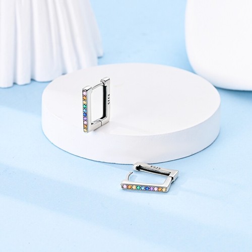 MULA Women 925 Sterling Silver Hoop Earrings Colorful Pave CZ Rectangle Jewelry - Picture 5 of 7