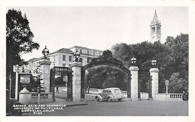 Postcard CA Berkeley University of California Sather Gate Campanile Automobile