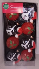 Christmas Winter Wonder Lane 8 Glass Ornaments Santa Hat Dog and Holly Leaf NIB