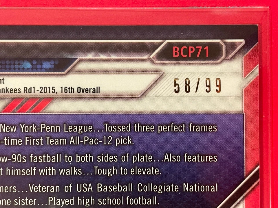 2016 Bowman Chrome Prospects James Kaprielian Green Shimmer Refractor /99 #BCP71 - Image 3 of 3