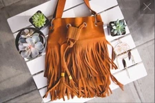 Suede Leather Boho Brown Fringe Bucket Bag Purse Festival Hand Crafted NWOT