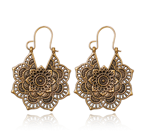 Hoop Heart Gold Boho Vintage Tibetan Flower Ornate Hoop Dangle Earrings - Picture 13 of 28