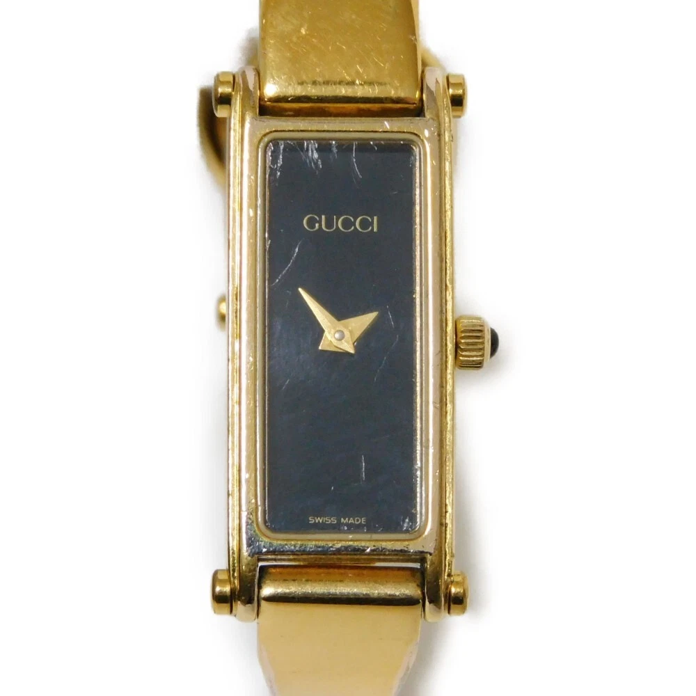 AUTHENTIQUE GUCCI Montre Bracelet 1500 Montres Cadran Noir Quartz Plaqué Or Wo...