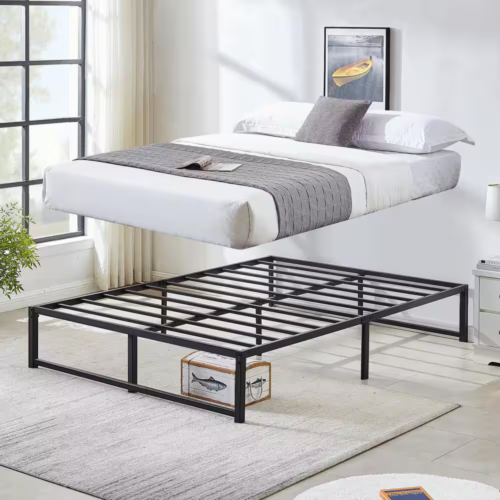 New Queen Size Metal Bed Frame, 62" W, No Box Spring, Heavy Duty Steel, Black