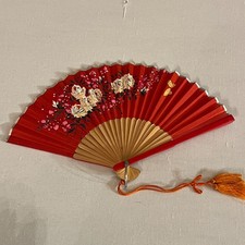 Vintage Wooden and Paper Hand Fan Fold Up 1920-1930s Japan Floral Red - Antique