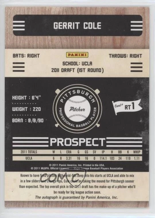 2011 Playoff Contenders Rookie Tickets Signatures Gerrit Cole #RT1 Auto - Image 2 of 2