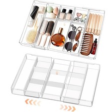 Expandable Desk Drawer Organizer, Acrylic Drawer Organizer Trays with 11 Adju...