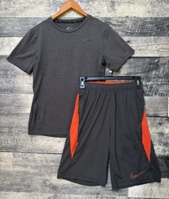 NIKE Boys 2pc Outfit Shirt Shorts Set Size L Large 14/16 Grey Orange
