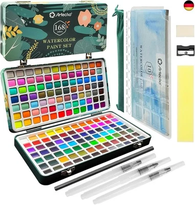 BESUCHE DEN ARTECHO-STORE Artecho Aquarellfarben Set 168 Farben in Tragbarer Box, Mit Pinsel und