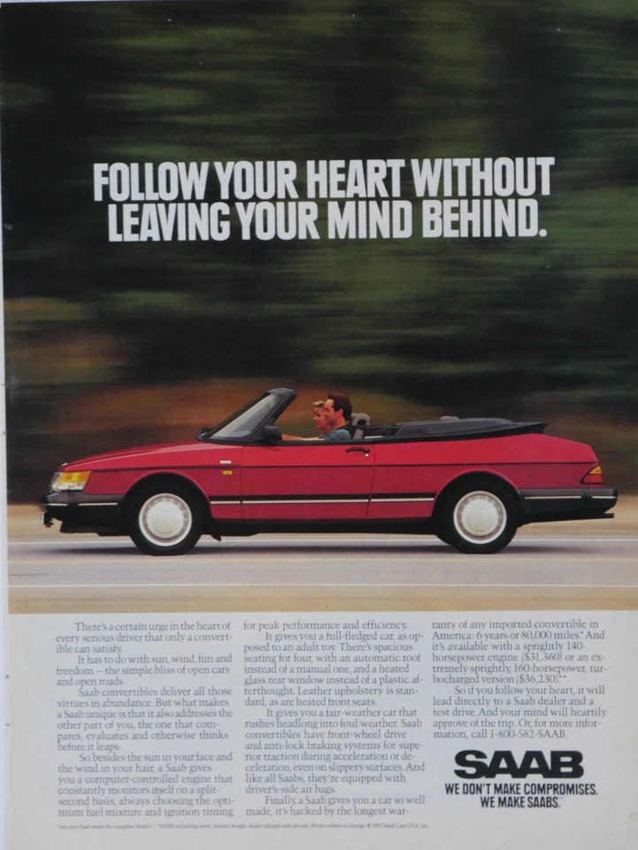 1992 Saab Convertible Follow Your Heart Original Print Ad 8.5 x 11 " - Image 2 of 3