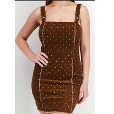 Brown & White Polka Dot Forever 21 Corduroy Mini Dress Frayed Hem Overall Strap