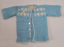 Vintage Handmade Baby Cardigan Sweater Acrylic Crochet Blue  White