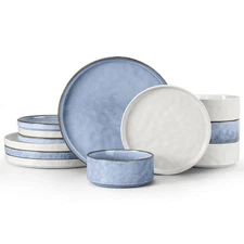 Dinnerware Sets for 4, 12 Piece Stoneware Dinner Plates and Bowls Dish Set, K...