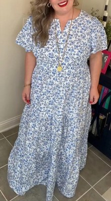 Crown & Block  NWT Flutter Sleeve Floral Tiered Midi Dress Blue White Print -B1