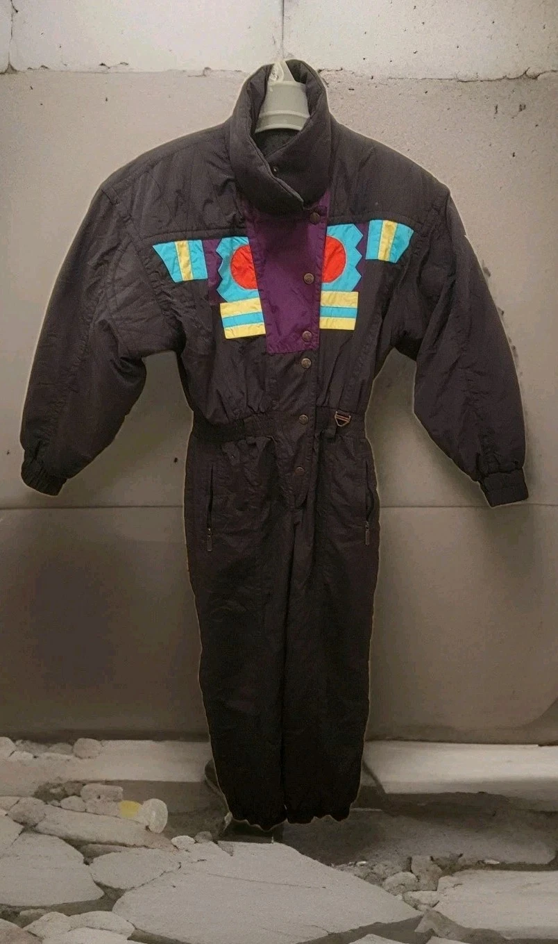 VTG Tyrolia Ski Bib Womens Size 6 Black Blue Full Body Suit Down Fill Jacket 80s