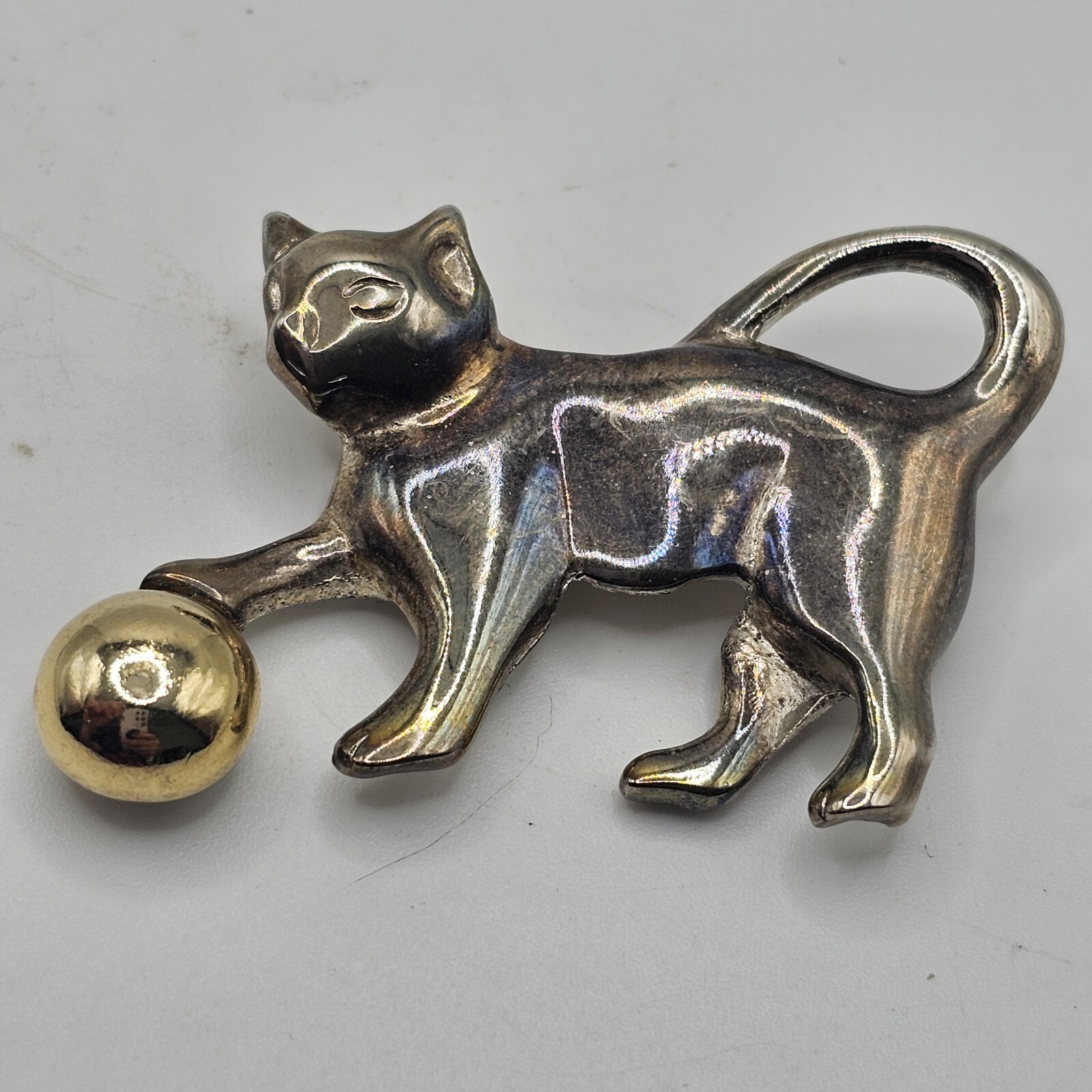 Gold Silver Tone Cat Kitten Brooch Pin Playing With Ball Estate Find