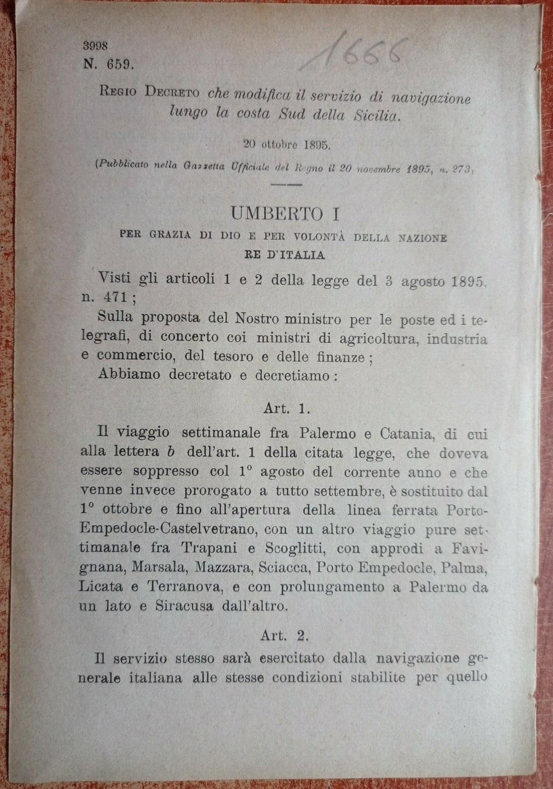 SUD SICILIA,REGIO DECRETO CHE MODIFICA IL SERVIZIO DI NAVIGAZIONE-1666