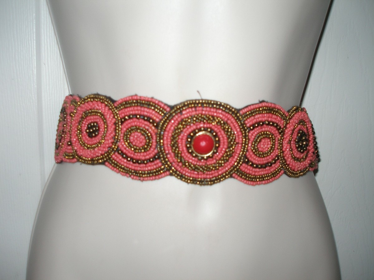 Vintage Beaded Waist Belt Small Orange Gold Beads Elastic  display picture 1