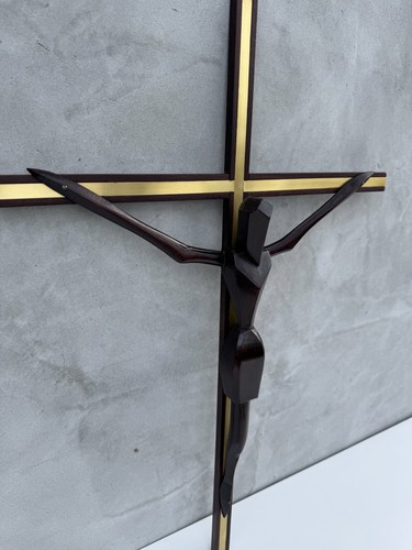 Modern Wooden Crucifix Brass Inlay Mid-Century Christian Wall Cross Abstract - Picture 2 of 12