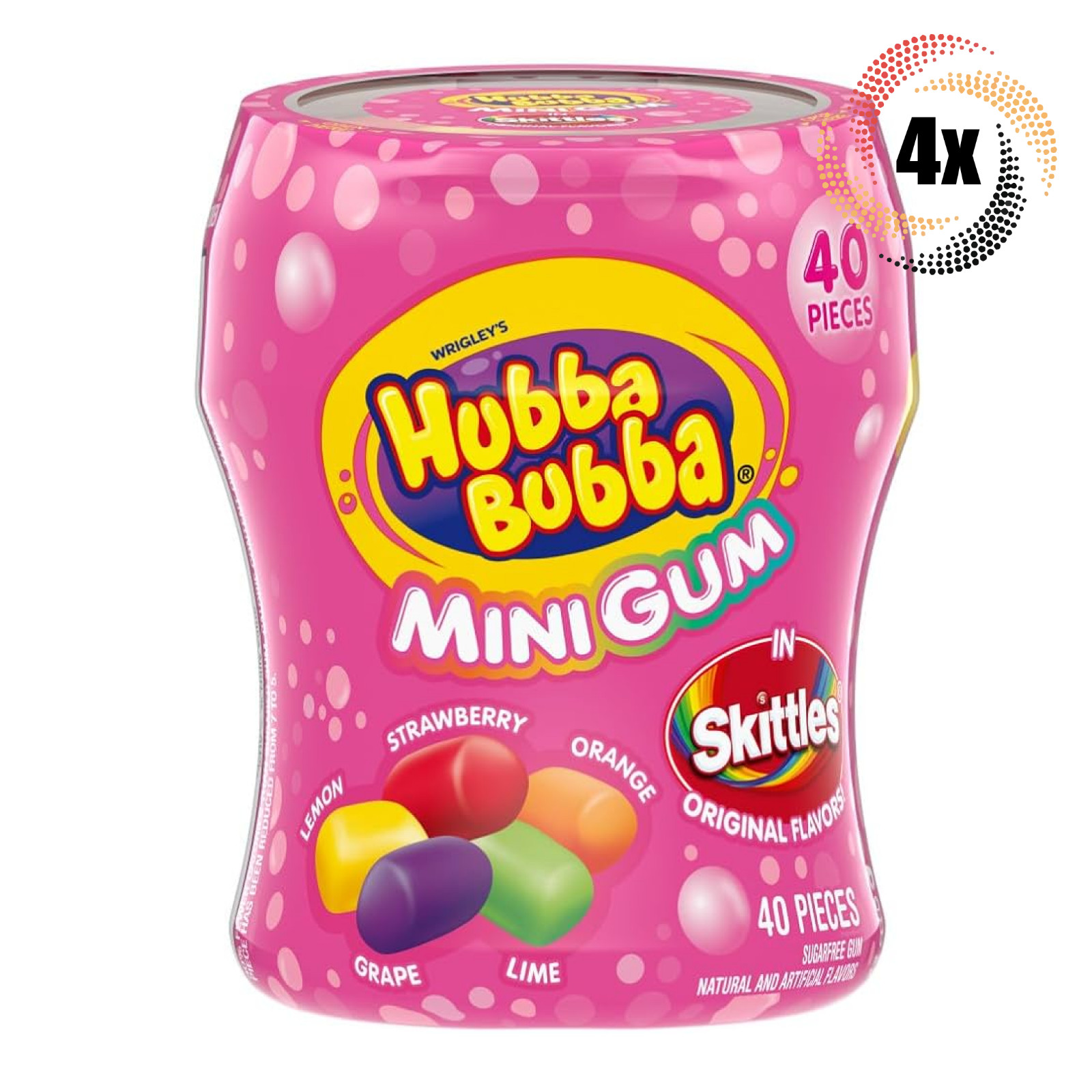 Полная коробка из 4х бутылочек мини-жвачки Hubba Bubba Skittles | по 40 штук в каждой | Без сахара