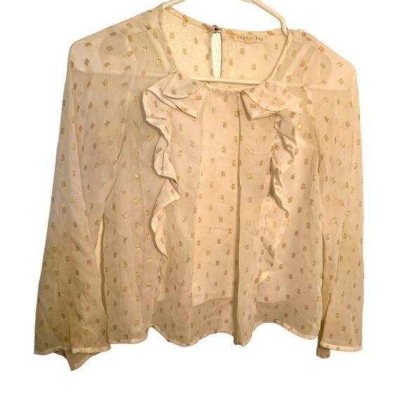 Copper Key Girls Sz Medium Blouse White Gold Metallic Squares Ruffle Sheer Lined